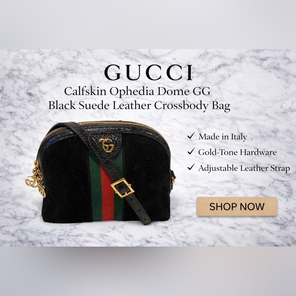 Gucci Ophidia Small Dome Black Suede Crossbody Bag GG Stripe Gold Hardware - Picture 14 of 15
